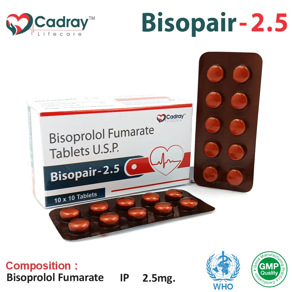 Bisopair 2.5 Tablet with Bisoprolol 2.5mg is a beta-blocker for hypertension & heart failure. WHO GMP certified, available at the best price for PCD pharma franchise, third-party manufacturing & export.
